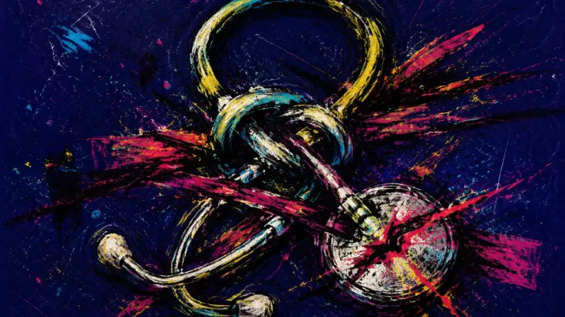 A stethoscope knotted into crossed loops and dense marks, representing the late-night spiral of over
