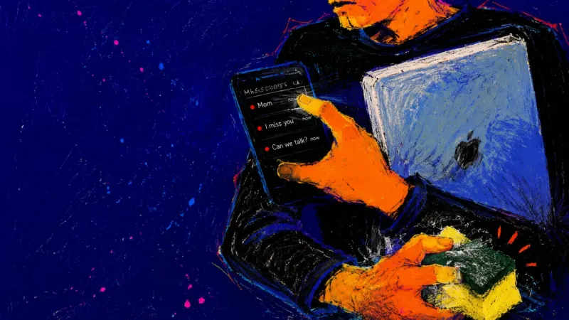 The Quiet After Logoff An abbreviated torso clutches a closed laptop, unread personal texts, and a crushed dish sponge, 보여؟