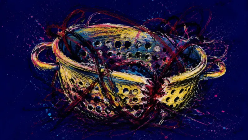 Seized Rhythm A distorted colander trapped in dense pressure, showing the strain of using work to avoid home tasks