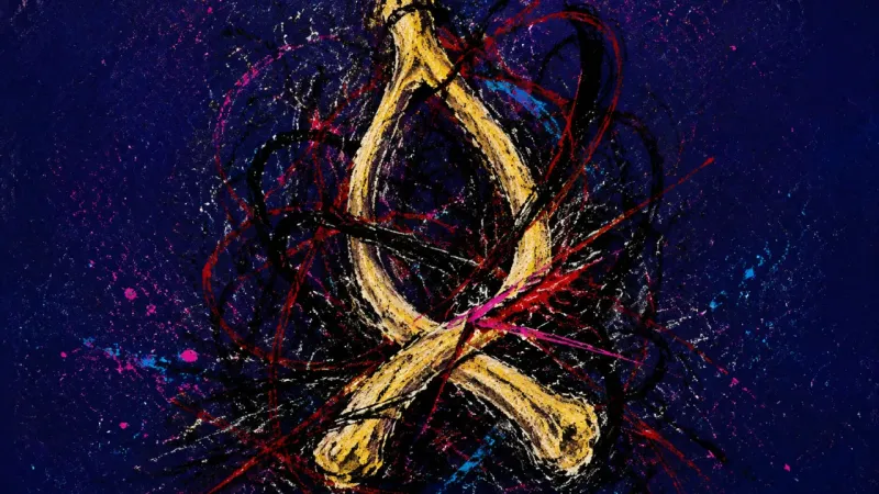 Split Under Pressure A distorted wishbone tangled in chaotic lines, representing people-pleasing decision paralysis and f
