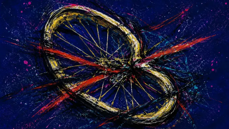 A warped bicycle wheel tangled in harsh crossing lines, representing decision fatigue and pressure