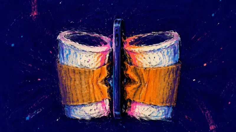 Two coffee cups pushed apart by a phone wedged between them, symbolizing divided attention that can