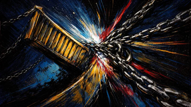 An abstract drawbridge pulled into a jammed lift by crossing marks, expressing blocked speech, hurt,