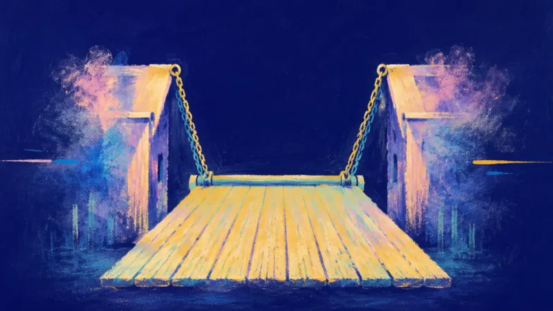 An abstract drawbridge lowered into a clean open span, expressing direct speech, self-respect, and a