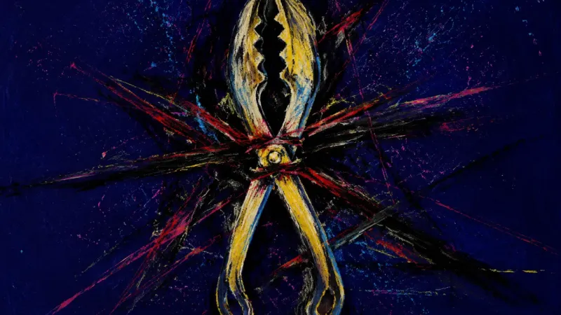 Held Shut Tongs forced shut inside a dense tangle, representing freeze, politeness, and self-silencing after