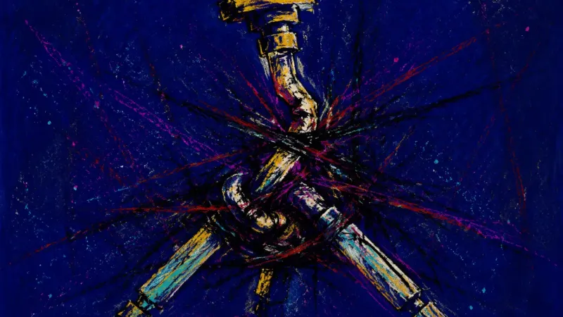 An abstract image of a tripod collapsed into dense tangles, expressing family-boundary guilt, over-