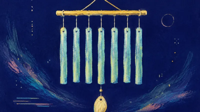 Restored Resonance A wind chime restored to even spacing, representing calm attraction becoming readable, safe, and
