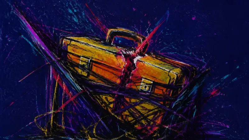Crushed Departure A suitcase warped and bound in chaotic lines, symbolizing boundary guilt and the fear that rest will