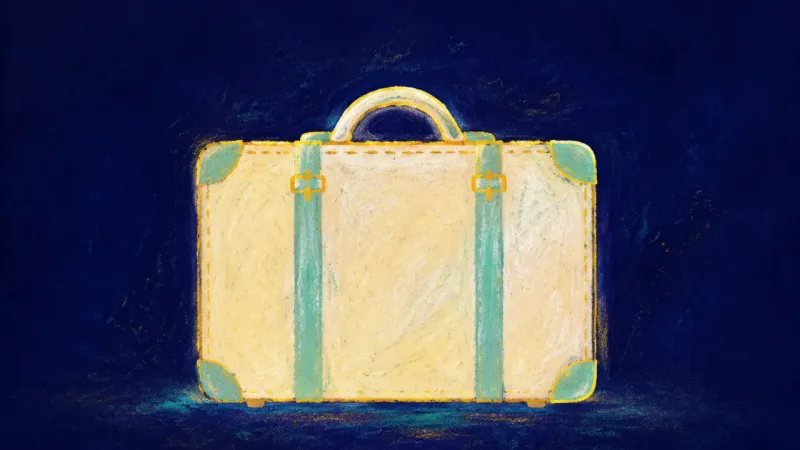 Reclaimed Departure A suitcase restored to a clean, settled shape, symbolizing clear boundaries, self-trust, and rest as