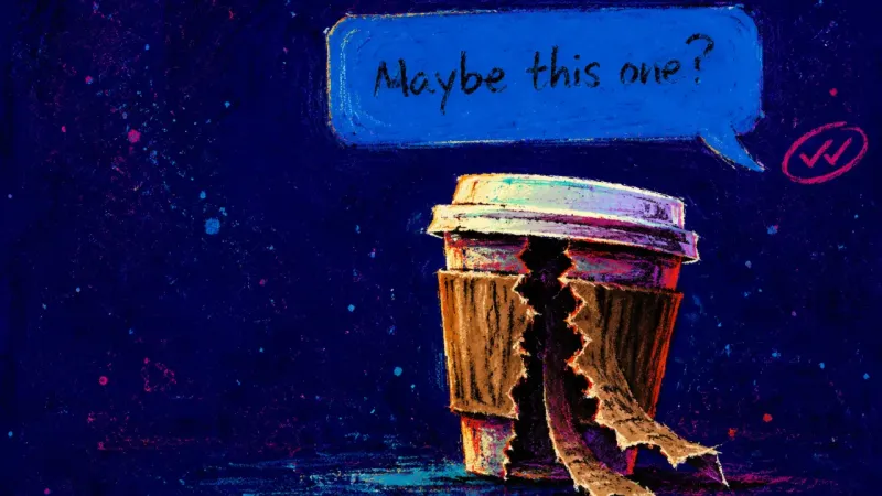 A phone showing an unanswered job link and a coffee sleeve torn open at the seam, symbolizing help a