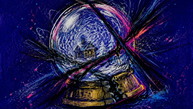 A warped snow globe tangled in storm lines, representing decision paralysis and identity regression