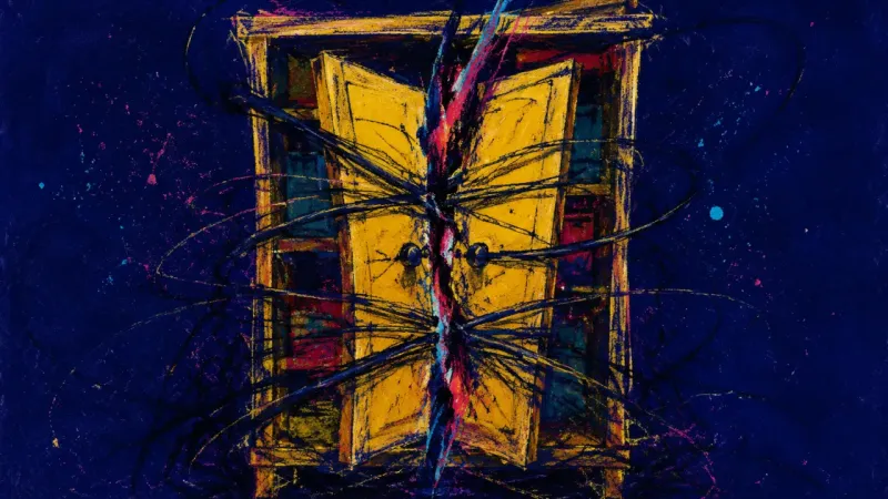 Held Shut A warped cabinet bound by chaotic lines, representing fear of settling in and a home life kept tense