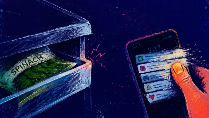 A thumb clears stacked phone notifications while a wilted spinach bag catches in a half-shut crisper