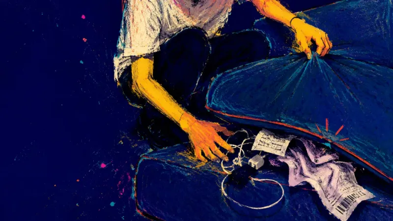 Concealed Ordinary A cropped figure shoves chargers, receipts, and clothes under a sofa cushion, revealing the urge to