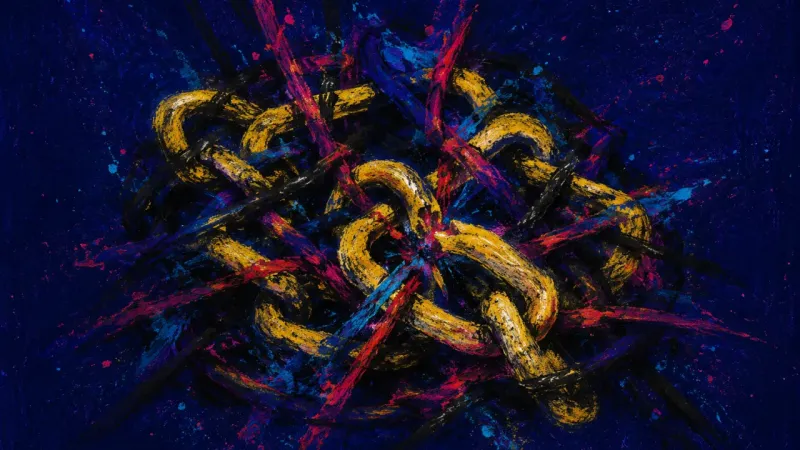 Chained to Approval A chain twisted into a choking tangle, representing people-pleasing, post-social rumination, and fea