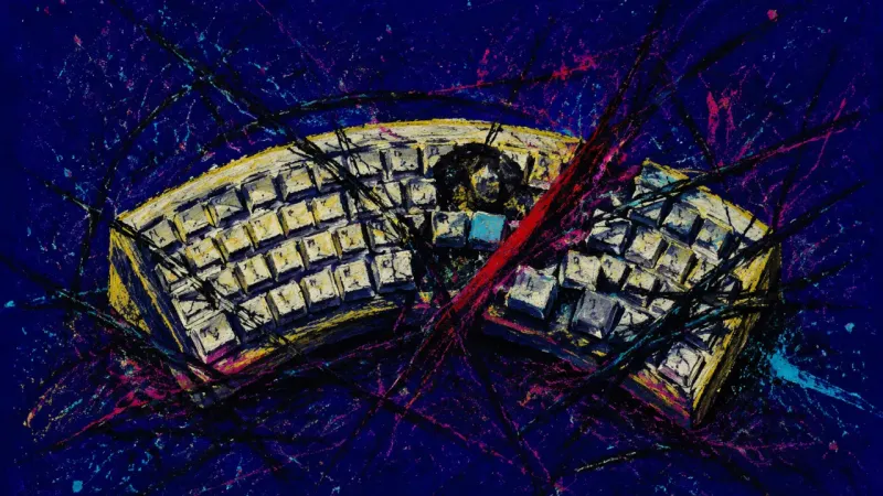 Verdict Grid A warped keyboard choked by chaotic pressure, representing the dread of reading a posted grade as pr