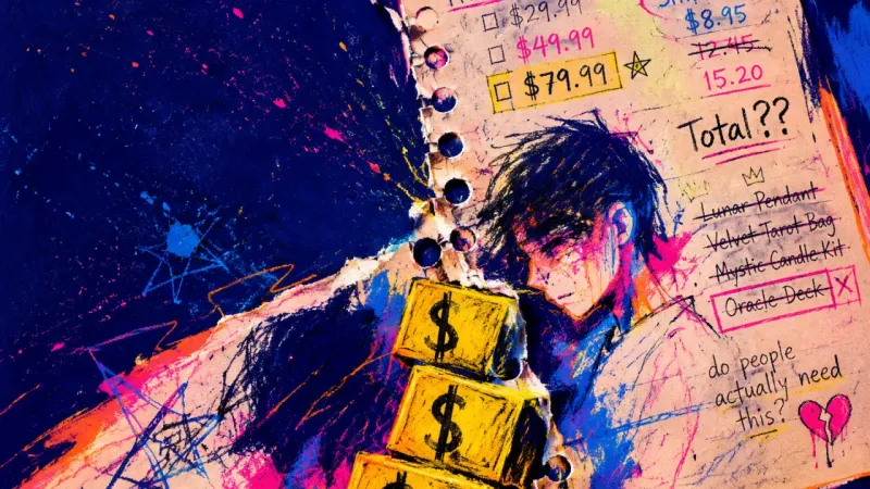 The Priced Sketch A half-finished drawing covered in price notes and shipping math, reflecting the pressure to turn ah