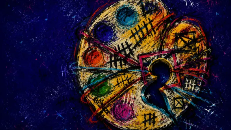 Under Audit A distorted palette tangled in dense marks, representing productivity guilt crowding leisure andturn