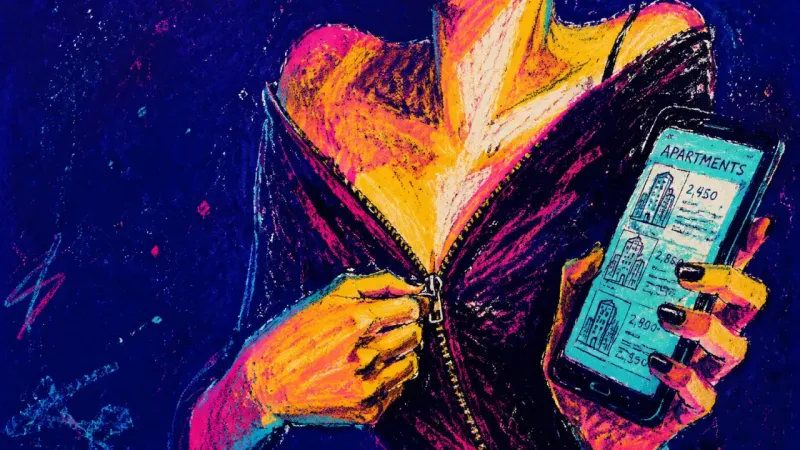 A half-zipped dress and a phone on apartment listings, capturing the urge to escape a life that уже?