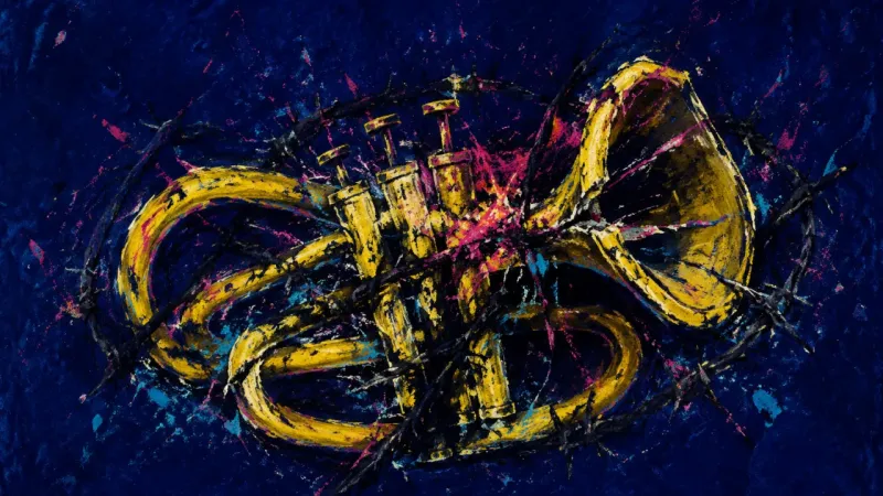 A bent trumpet choked by tangled marks, symbolizing restless overthinking and the fear of being—
