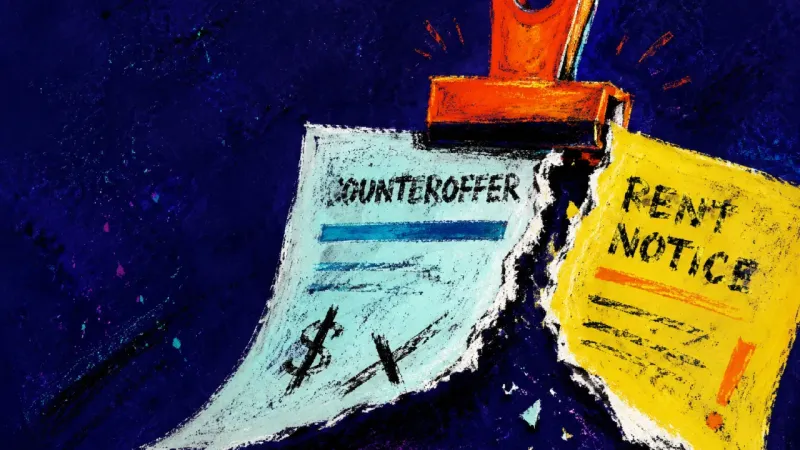 Pinned Between Terms A magnet clip crushes a counteroffer printout over a rent notice, capturing the private tension of a
