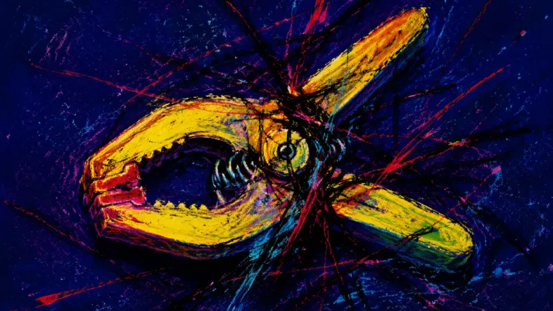 Clamped by Proof A spring clamp twisted and lashed shut, symbolizing counteroffer paralysis, scarcity fear, and the