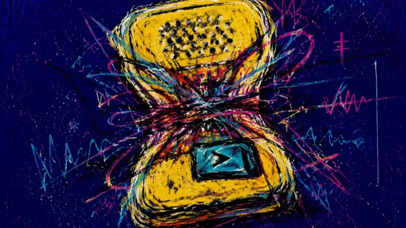 Crushed Alert A pager crushed by tangled alert lines, expressing boundary guilt and the strain of staying emotiona