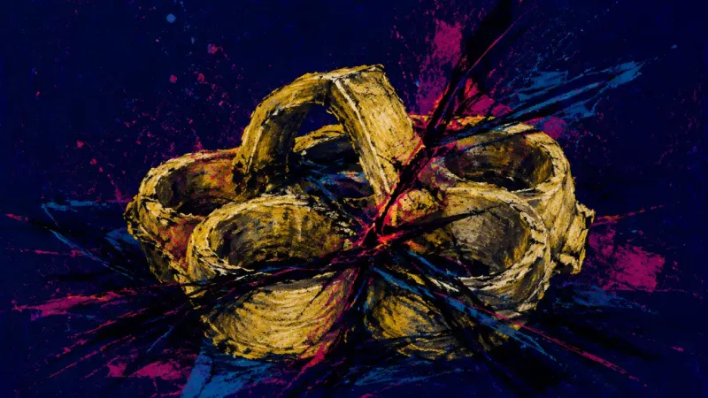 Buckled Load A warped cup carrier choked by tangled marks, representing overwhelm, shame, and the pressure to fix