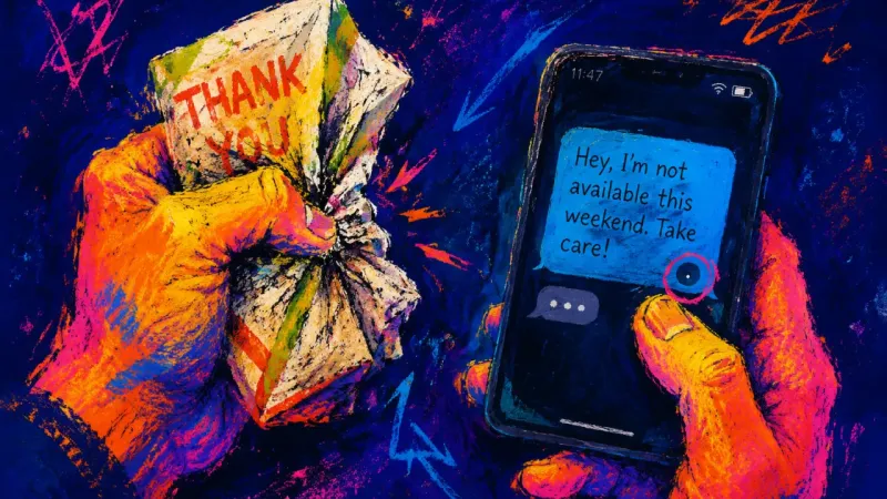 Courtesy Delay A hand crushes a sandwich wrapper while a polite dating decline stays unsent on a phone, capturing b