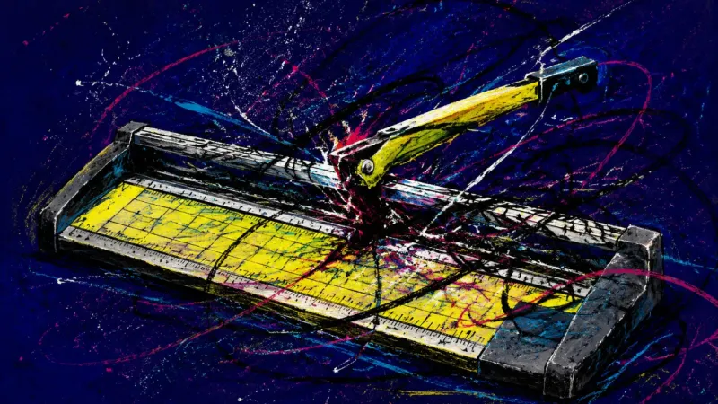 Stalled Line A warped paper trimmer choked by tangled lines, symbolizing boundary guilt, overthinking, and self-b