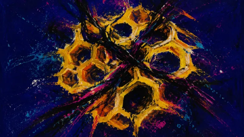 A compressed honeycomb with sealed cells represents self-erasure, guilt, and the loss of personal ne