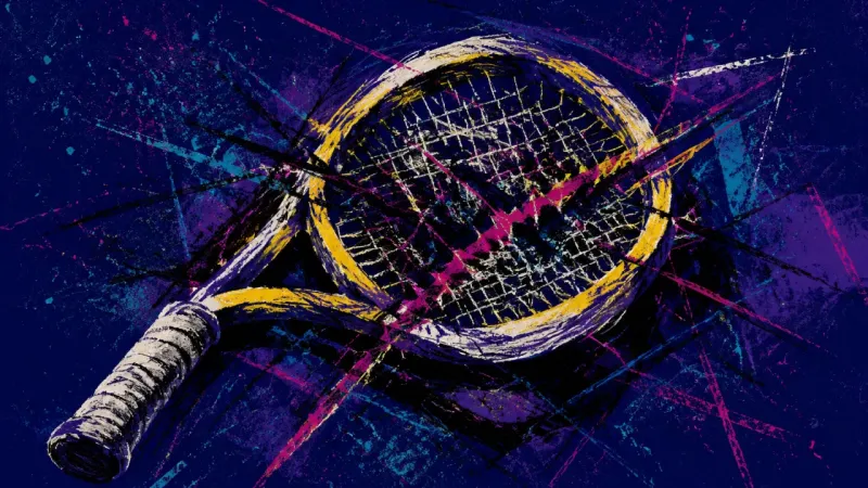 Frame Under Pressure A deformed tennis racket trapped in tangled lines, representing rejection anxiety and boundaries