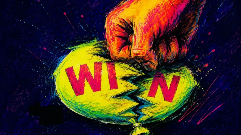 The Collapsed Win A crushed celebration balloon folding the word WIN into fragments, symbolizing a job offer claimed