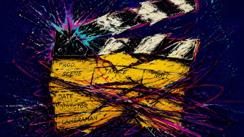 The Crushed Edit A deformed clapperboard trapped in tangled marks, representing the job offer halo effect and the