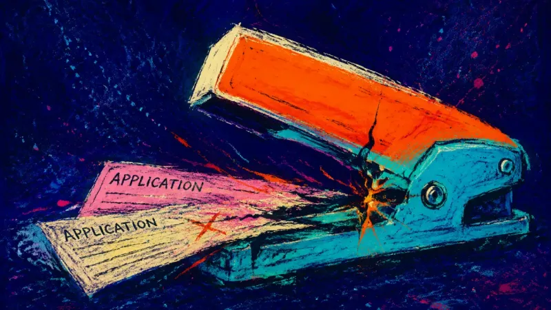 Clamped Permission A stapler jammed shut around two application forms, symbolizing pressure to choose a respectable ...