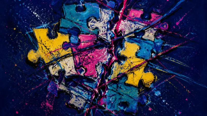 Forced Fit A jigsaw puzzle crushed into a chaotic misaligned mass, representing career anxiety and pressure to