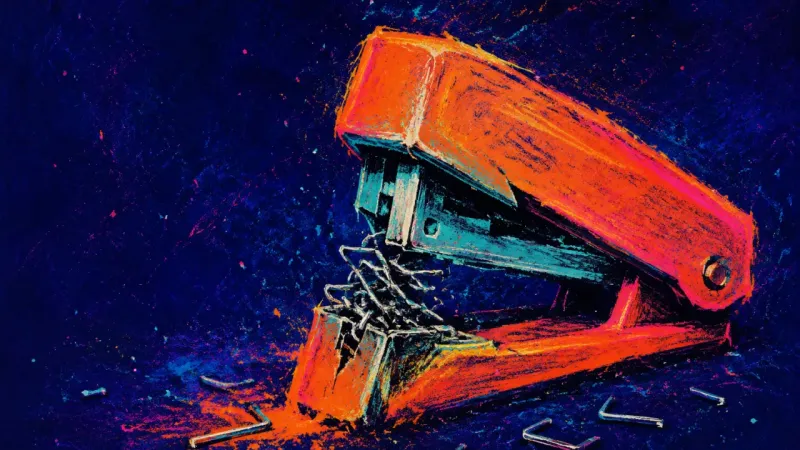 A desk stapler bent and jammed with crushed staples, symbolizing pressure to secure a socially—