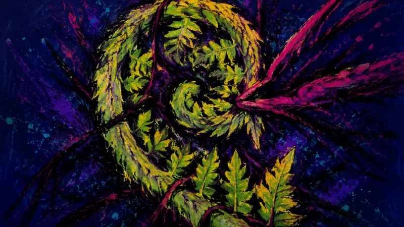 A tightly coiled fern bound by crossing lines, representing approval-driven choices that suppress—