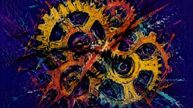 Jammed Gear Train An abstract gear train crushed by competing forces, representing optimization paralysis and fear of1