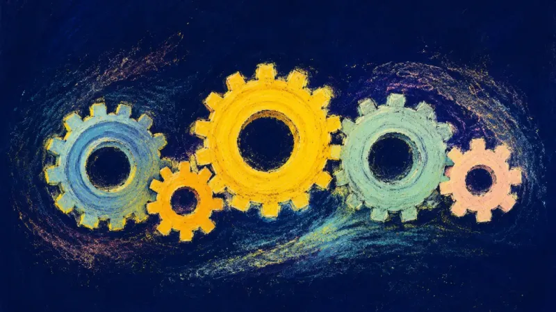 Aligned Rhythm An abstract gear train restored to balanced alignment, representing deliberate experimentation and12
