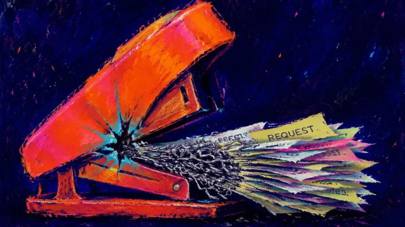 A stapler jammed around overlapping request slips, symbolizing automatic approval and the hidden 