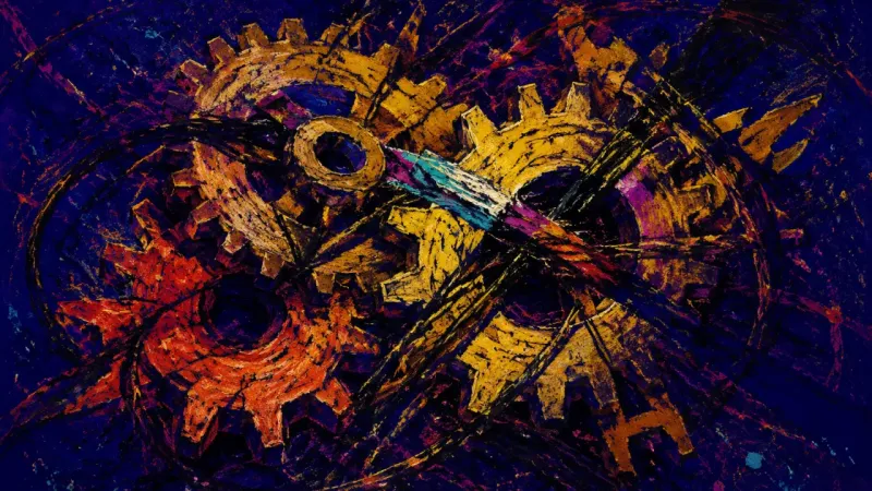 Jammed Commitments A distorted gear train trapped in tangled lines, representing automatic approval, conflicting