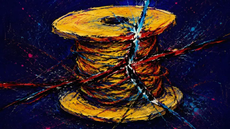 Spool Under Siege A distorted spool trapped in tangled bands, representing the pressure of withholding ordinary