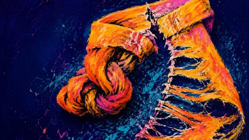 Tomorrow, Pulled Thin Twisted, torn tights form a compact knot, symbolizing how repeated nights out consume time meant for