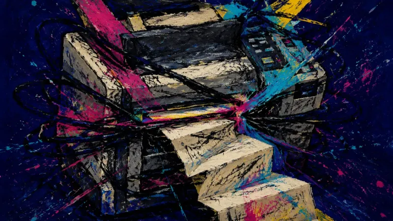 A crushed printer bound by chaotic lines, representing advice-consumption paralysis and the;