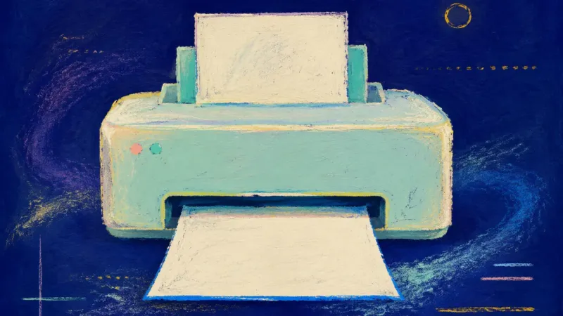 A restored printer releasing one unbroken sheet, representing focused action, practical feedback,;
