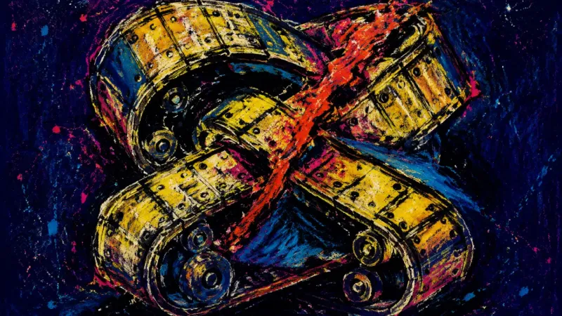 Loop Under Pressure A crushed conveyor belt trapped in a self-feeding loop, representing restless overthinking that repl