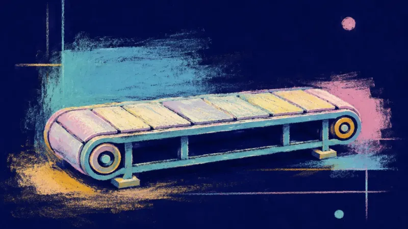 Sequence Restored A restored conveyor belt with evenly aligned panels, representing renewed agency through one small,5