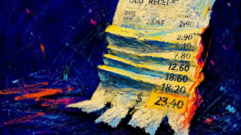 Tomorrow's Unpaid Fare A crushed taxi receipt represents trading next-day energy for one more night out.