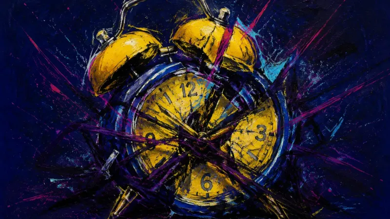 Overdrawn Tomorrow An abstract alarm clock buckling under tangled pressure, representing party burnout and lost trustん